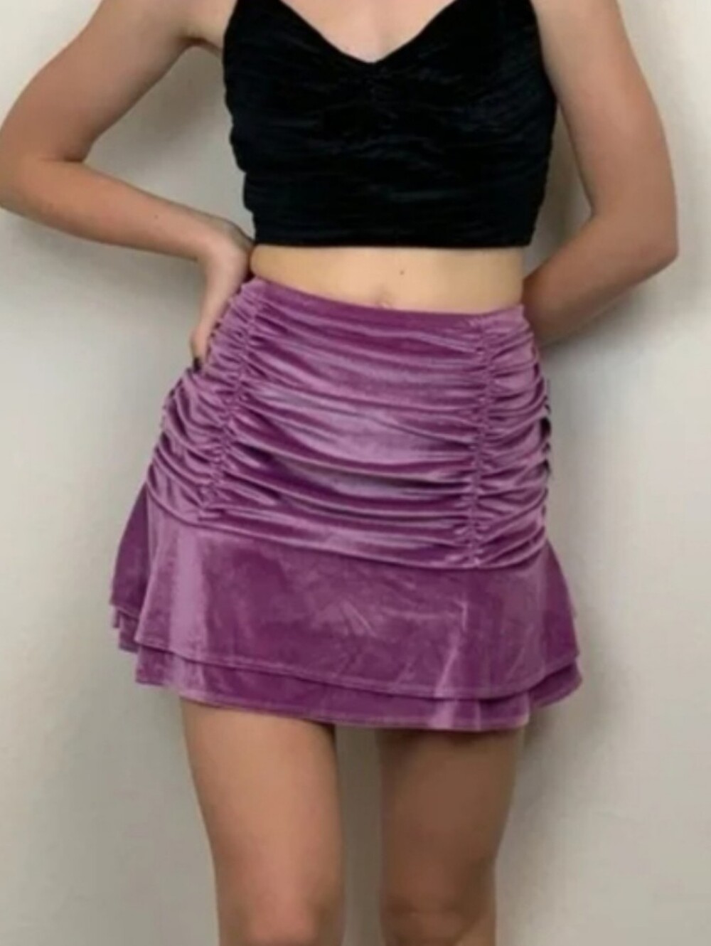 Ruched Velvet Mini Skirt - Purple